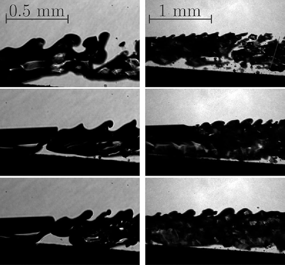 Snapshots of the Kelvin-Helmholtz instability taking place on cavitation bubbles in a microchannel.
