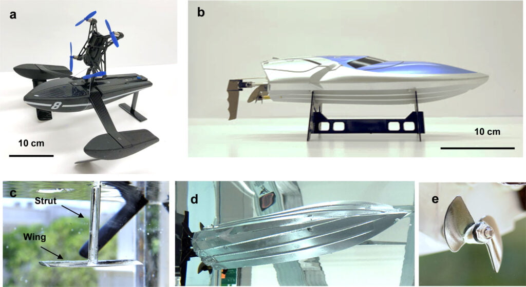 Illustration showing a) the toy hydrofoil boat tested, b) the model speedboat tested, c) the superhydrophobic coating on the hydrofoil, d) the speedboat hull with superhydrophobic coating, and e) the speedboat propeller. Illustration showing a) the toy hydrofoil boat tested, b) the model speedboat tested, c) the superhydrophobic coating on the hydrofoil, d) the speedboat hull with superhydrophobic coating, and e) the speedboat propeller.