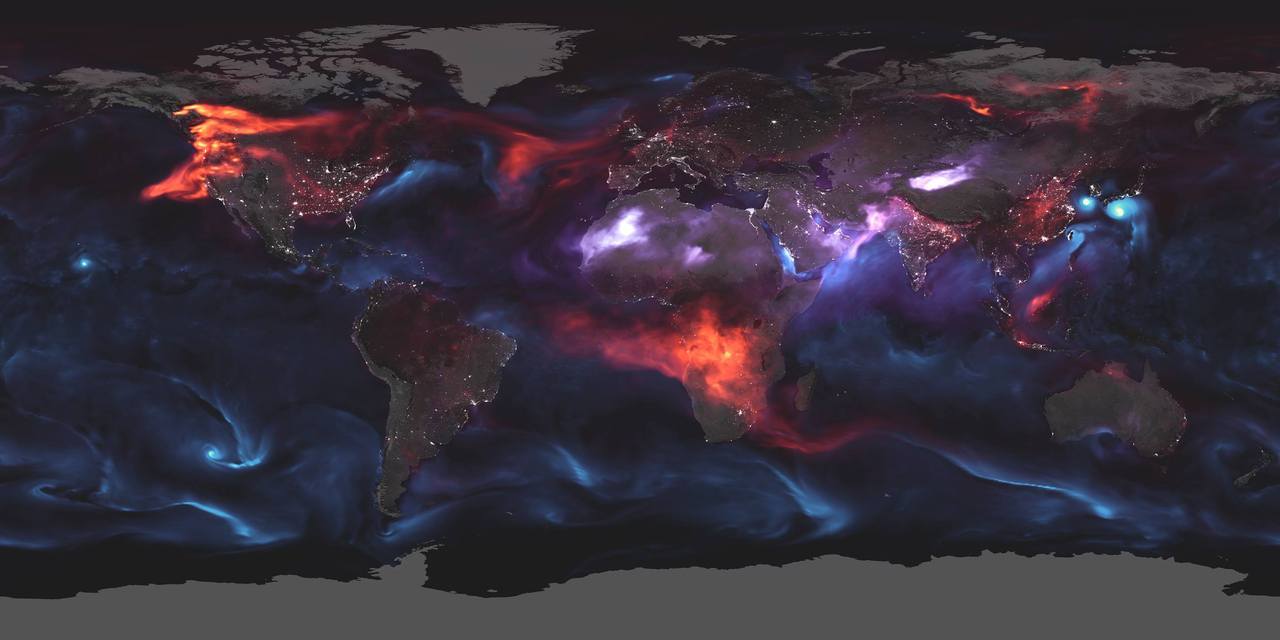 A global map with various aerosols shown in red, purple, and blue