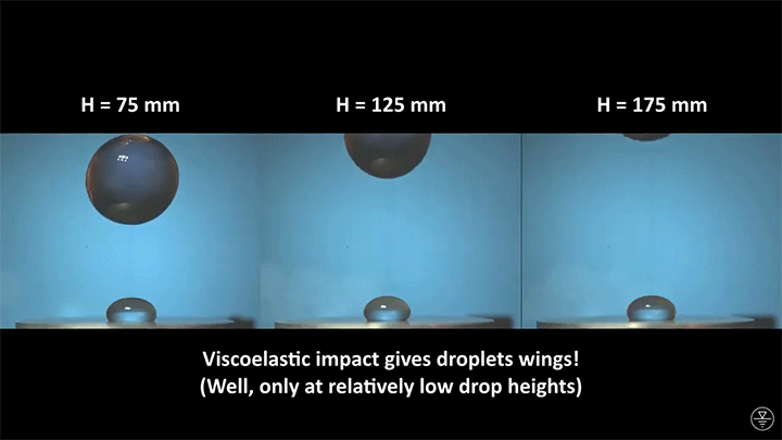 Whether the droplet completely leaves the surface depends on the height from which the viscoelastic sphere is dropped. Whether the droplet completely leaves the surface depends on the height from which the viscoelastic sphere is dropped.