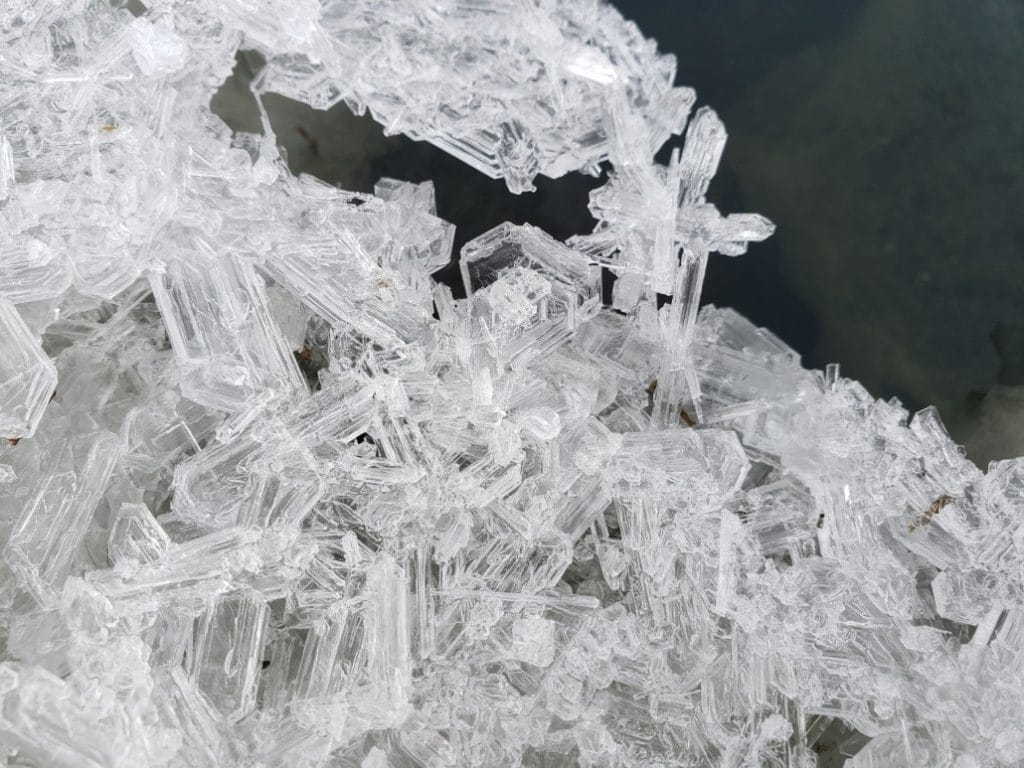 Mirabilite crystals up close.