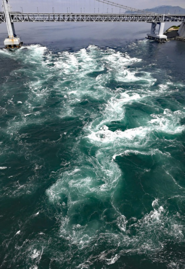 The Naruto whirlpools seen by helicopter. Photo by Mainichi/N. Yamada.