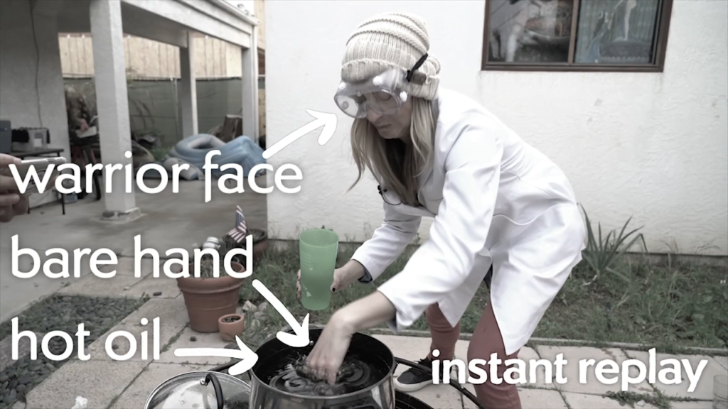 The big moment: Dianna relies on the Leidenfrost effect to protect her as she dunks a hand in boiling hot oil. The big moment: Dianna relies on the Leidenfrost effect to protect her as she dunks a hand in boiling hot oil.