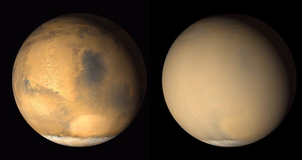 Mars seen before and during the 2018 Global Dust Storm.