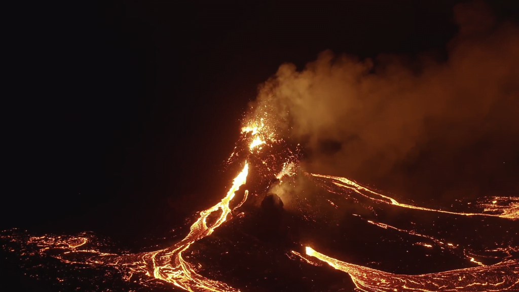Spurts of lava from a cone.