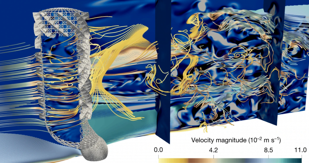 Numerical simulation of flow through and around the sea sponge model, showing streaklines of the flow colored by velocity magnitude.