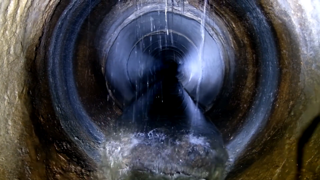 View inside a sewer as rainwater leaks in.