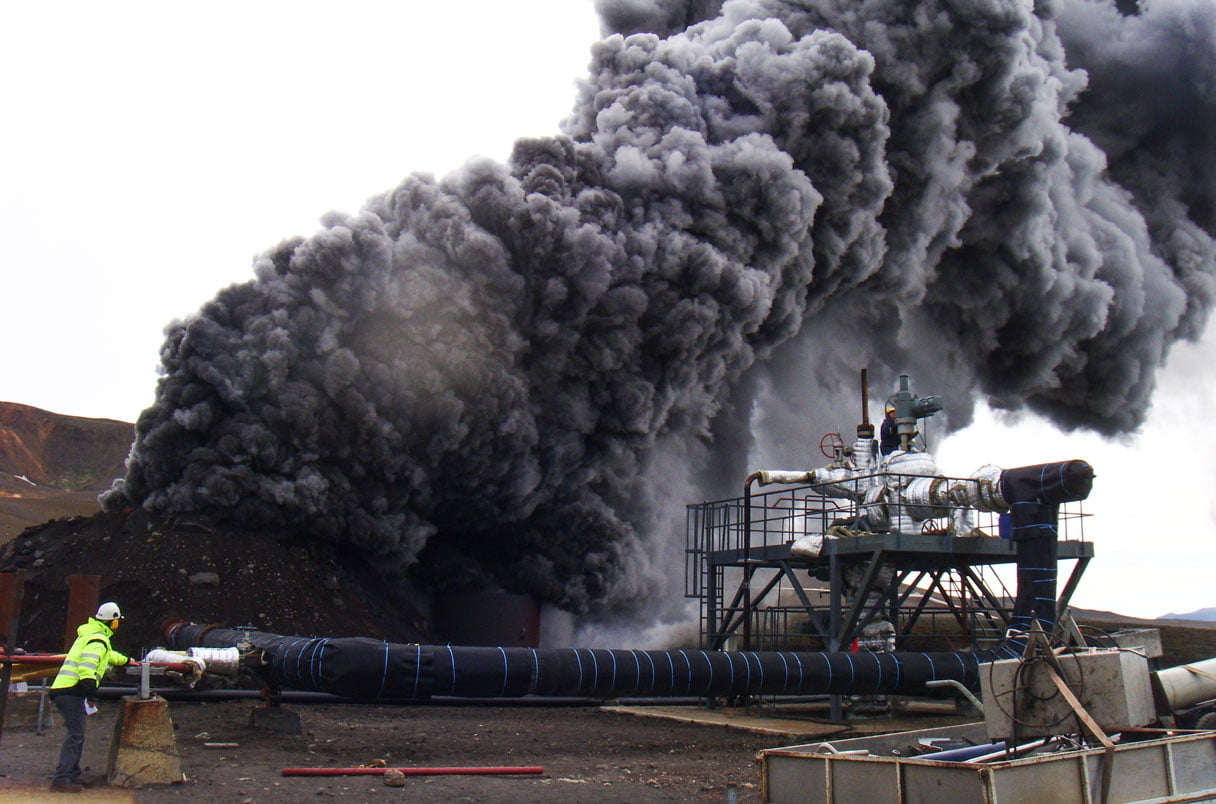 A plume of steam and glass shards billows from a well that accidentally pierced a magma chamber in 2009.