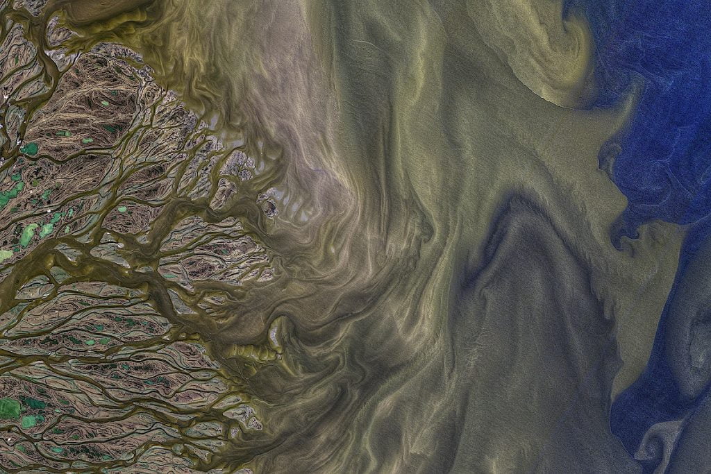 Enhanced color satellite image of the Lena River delta in Siberia.