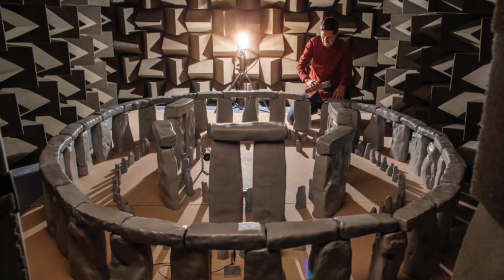 A 1:12 scale model of Stonehenge inside a semi-anechoic chamber for acoustic measurements. A 1:12 scale model of Stonehenge inside a semi-anechoic chamber for acoustic measurements.