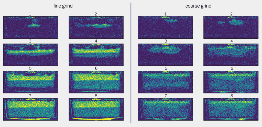 Composite images of water penetrating a bed of finely ground coffee (left) and a bed of coarsely ground coffee (right).