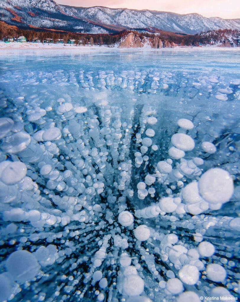 Bubbles of methane frozen under the surface of Lake Baikal.