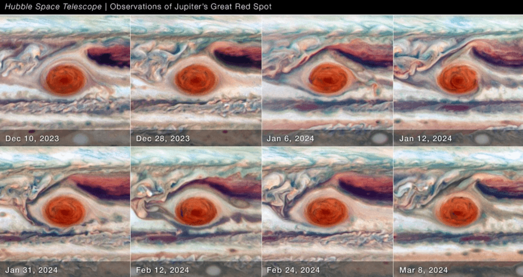 Over a 90 day cycle, Jupiter's Great Red Spot oscillates in size, shape, and other characteristics.