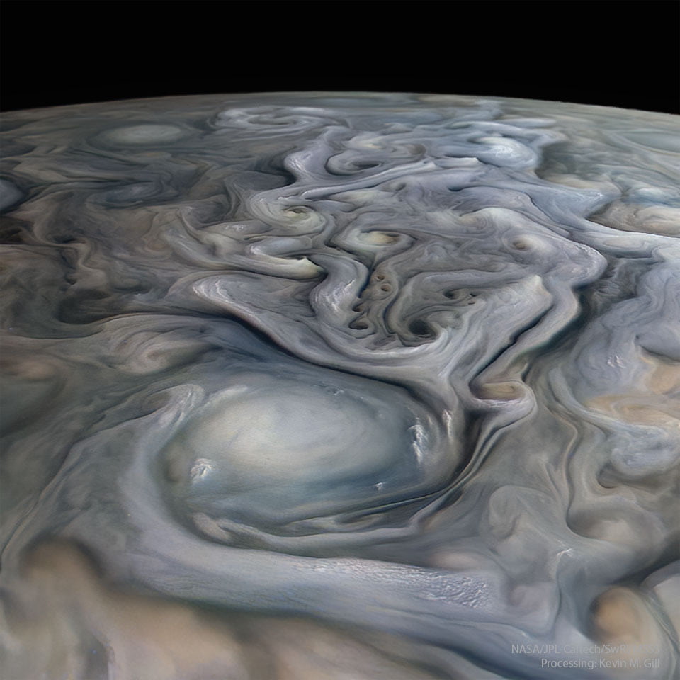 A processed image of Jupiter shows off cloudy swirls.