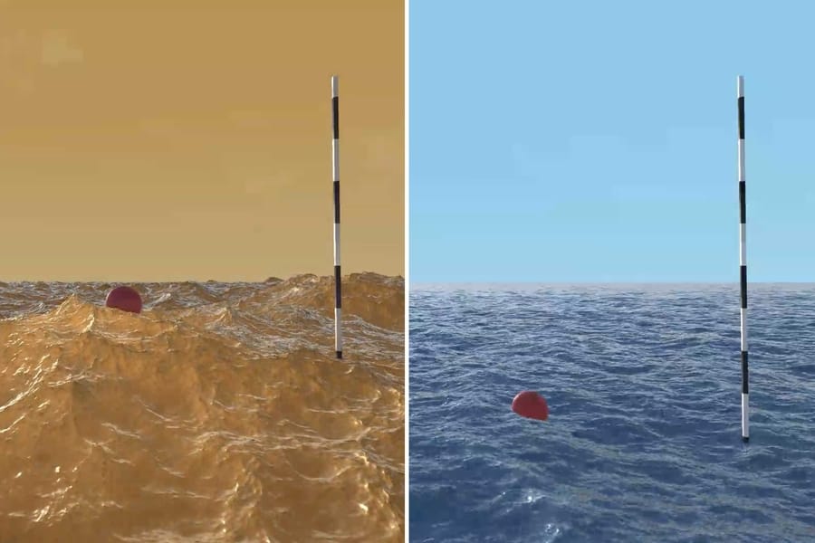 Waves on Titan (left) and Earth (right). Given the same wind speed, the waves on Titan are taller and slower moving.