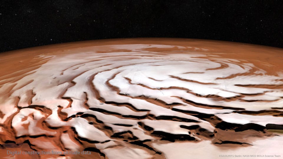 A digital reconstruction of the Martian north pole from orbiter data.
