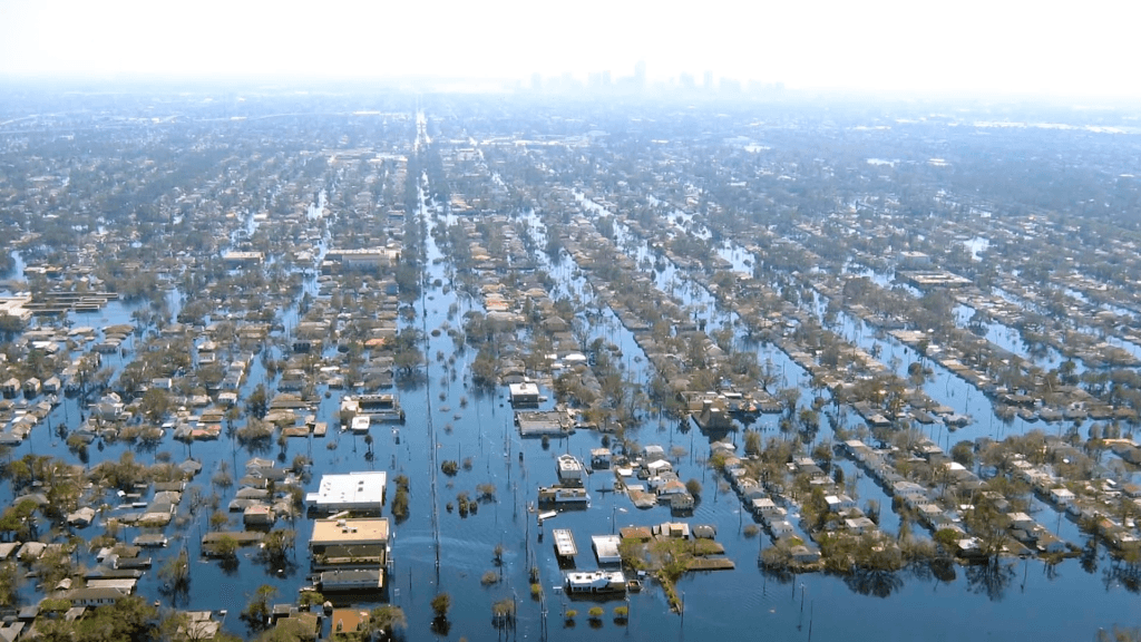 Aerial view of a New Orleans neighborhood during the flooding after Hurricane Katrina.