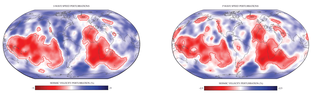 Seismic waves show lower speeds in large, continent-sized zones that sit beneath Africa and the Pacific. These large low-velocity provinces (LLVPs) are outlined in red.