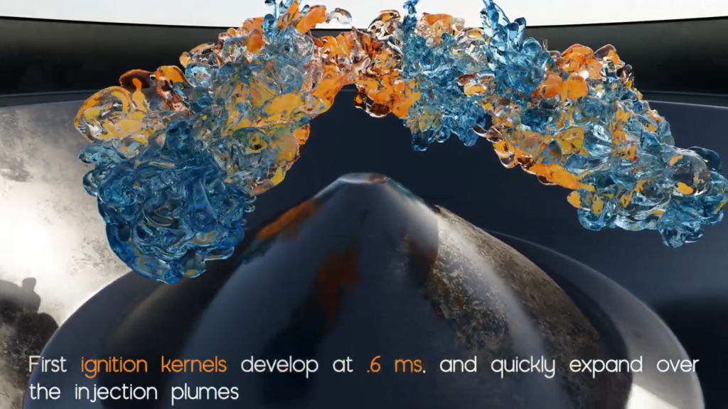 Here turbulent plumes of fuel are shown in blue with areas of ignition shown in orange. Here turbulent plumes of fuel are shown in blue with areas of ignition shown in orange.