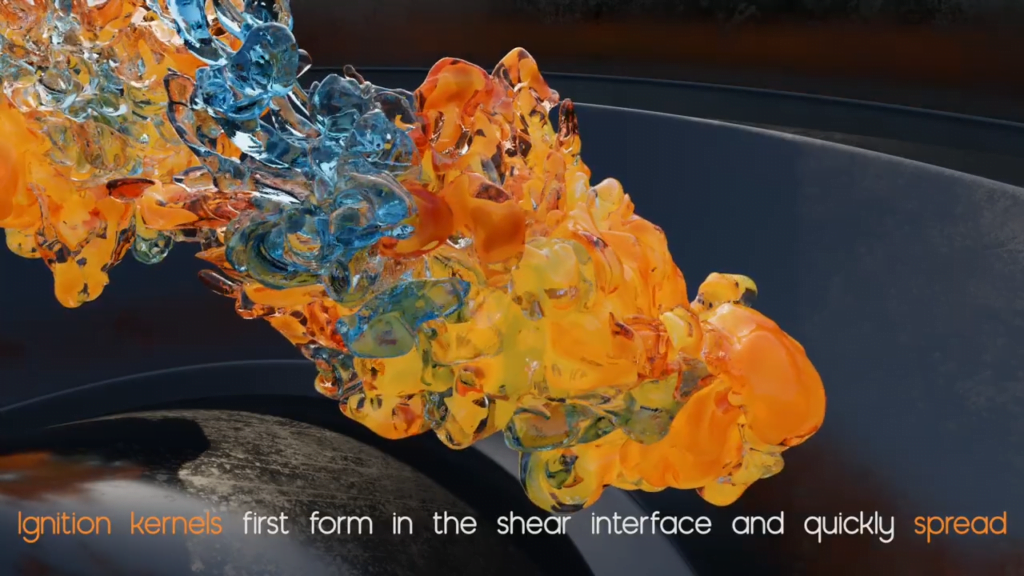 Ignition begins in areas of shear, then spreads to the rest of the fuel mixture. Ignition begins in areas of shear, then spreads to the rest of the fuel mixture.