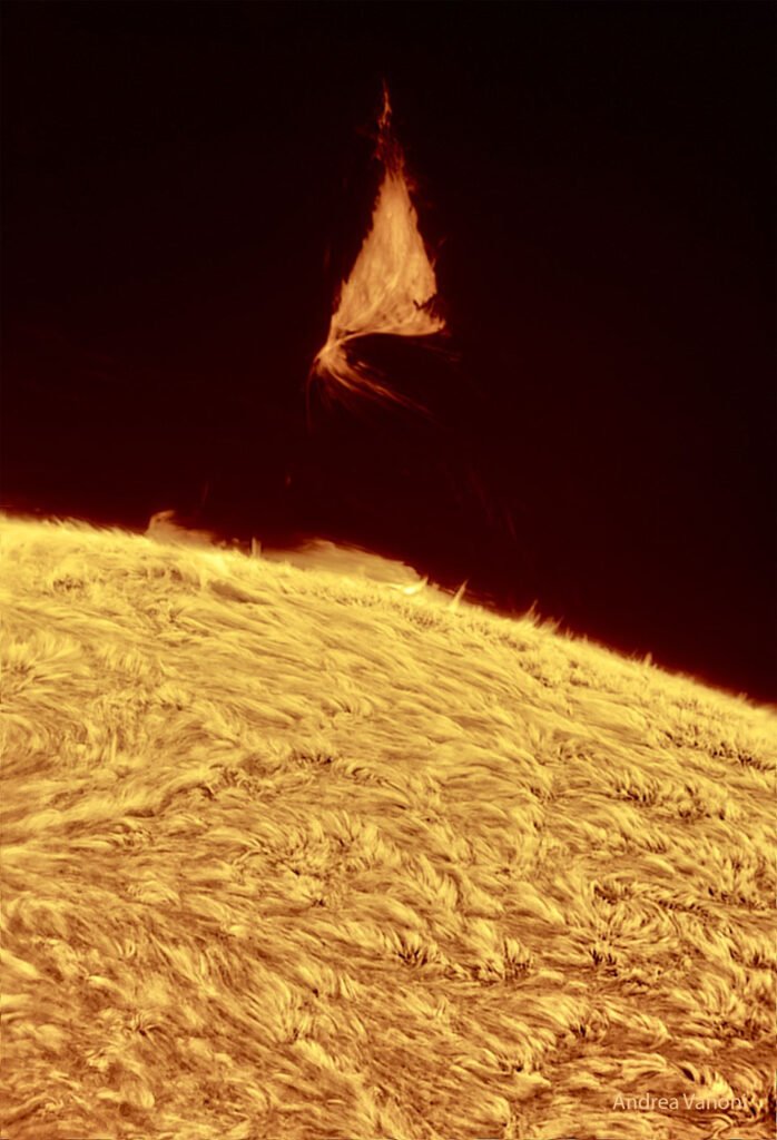 A triangular solar prominence hovers over the Sun's surface. A triangular solar prominence hovers over the Sun's surface.
