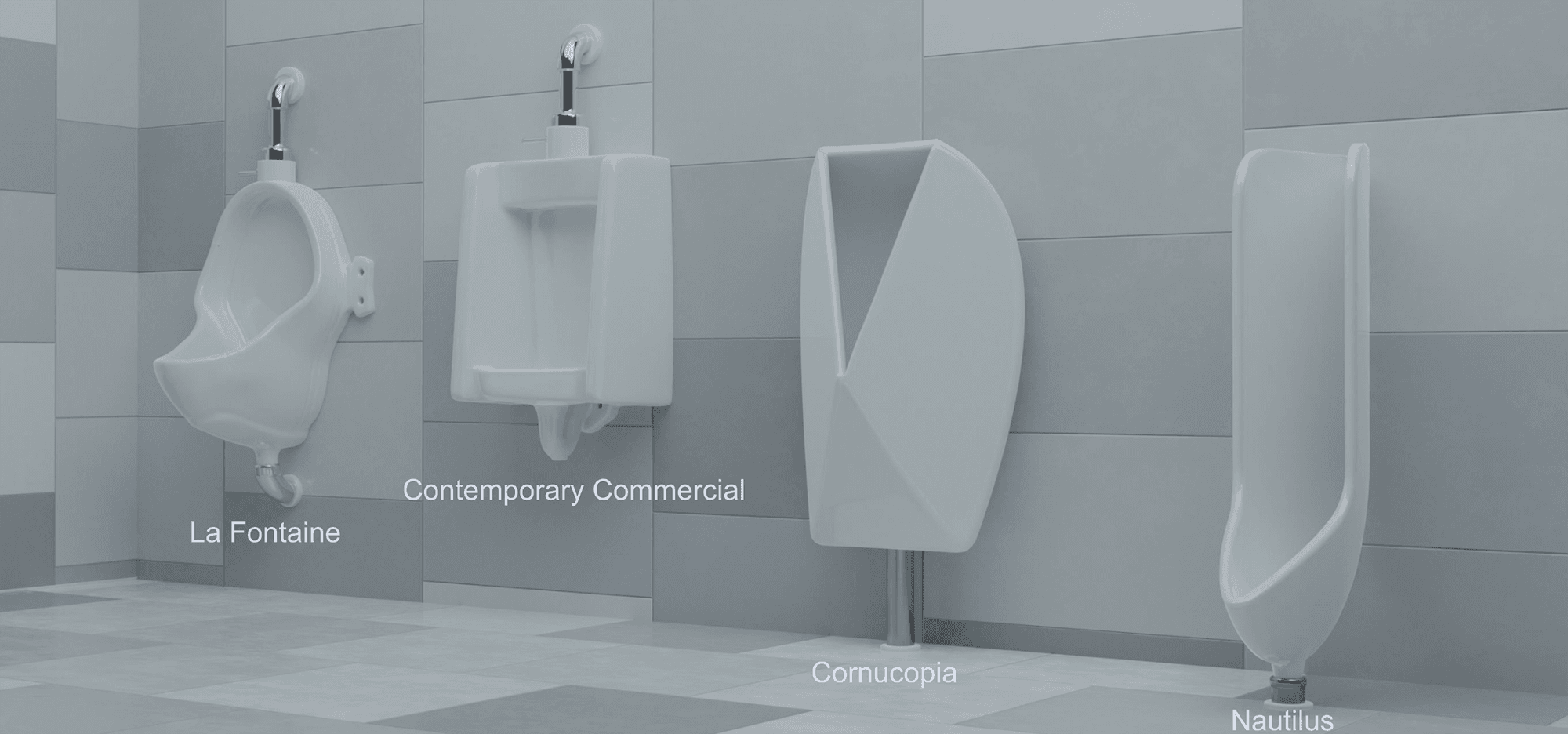 A rendered image of four tested urinal designs: one past, one present, and two proposed.