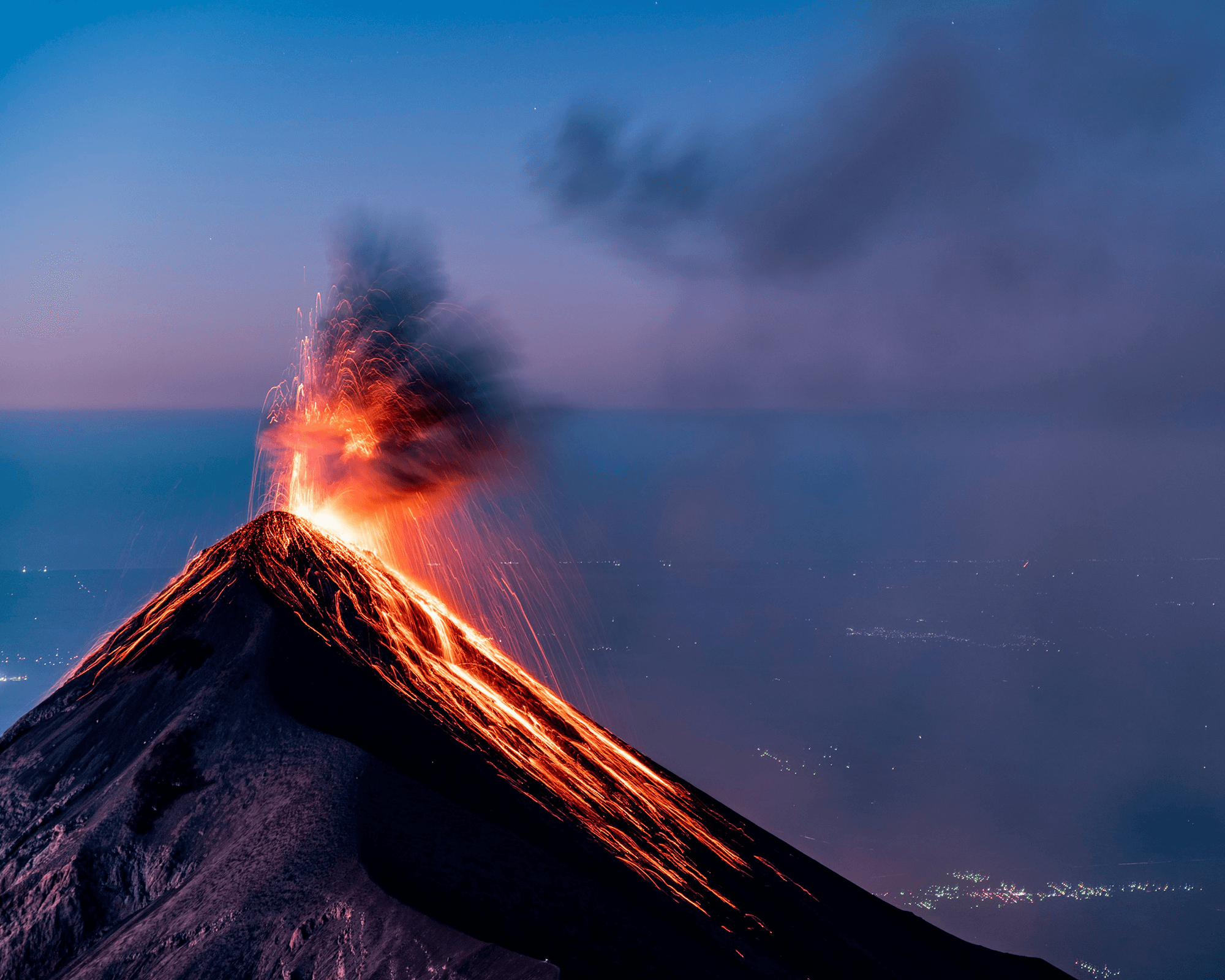 A volcanic eruption at sunrise in Guatemala.
