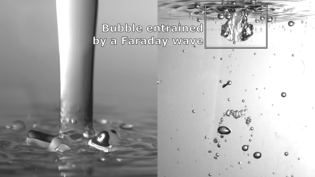 Black and white composite image showing, on the left, a jet of water impacting a pool, and, on the right, the simultaneous underwater view, showing scattered bubbles. A box on the right shows a forming bubble. Text reads: &quot;Bubble entrained by a Faraday wave&quot;