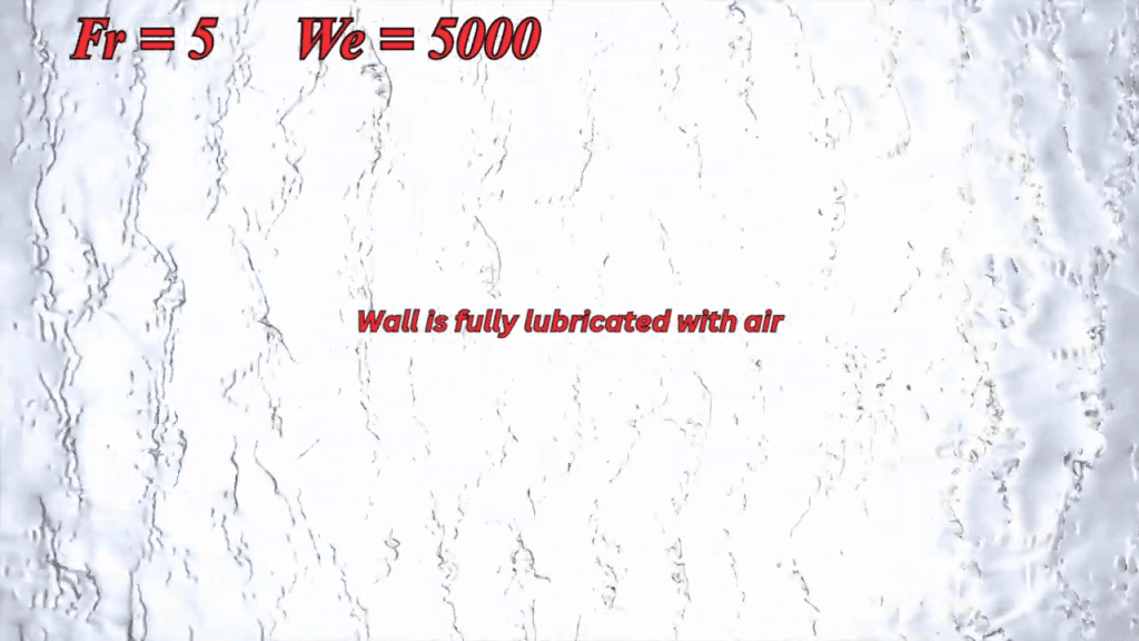 At Fr=5 and We = 5000, the wall is fully lubricated with an air layer.