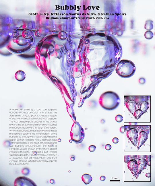 A research poster showing how a water jet falling into a pool of water can form heart-shaped bubbles.