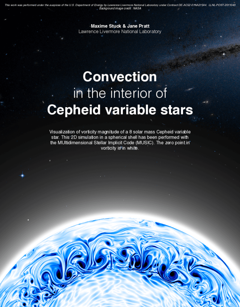 A research poster showing a simulation of convection inside a Cepheid variable star with 8 solar masses.