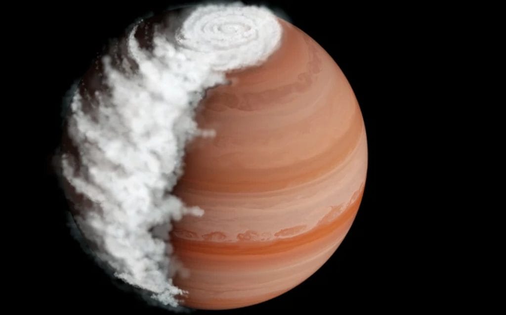 Artist's conception of an exoplanet with clouds forming on the nightside and dissipating on the dayside.