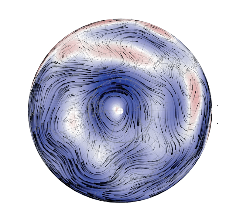 Data from the Swarm missions illustrates the flows in Earth's outer core, plotted looking down on the North Pole. Black lines show flows averaged over two decades, with paths that violate the Taylor-Proudman theorem. The red and blue colors show azimuthal flow components.