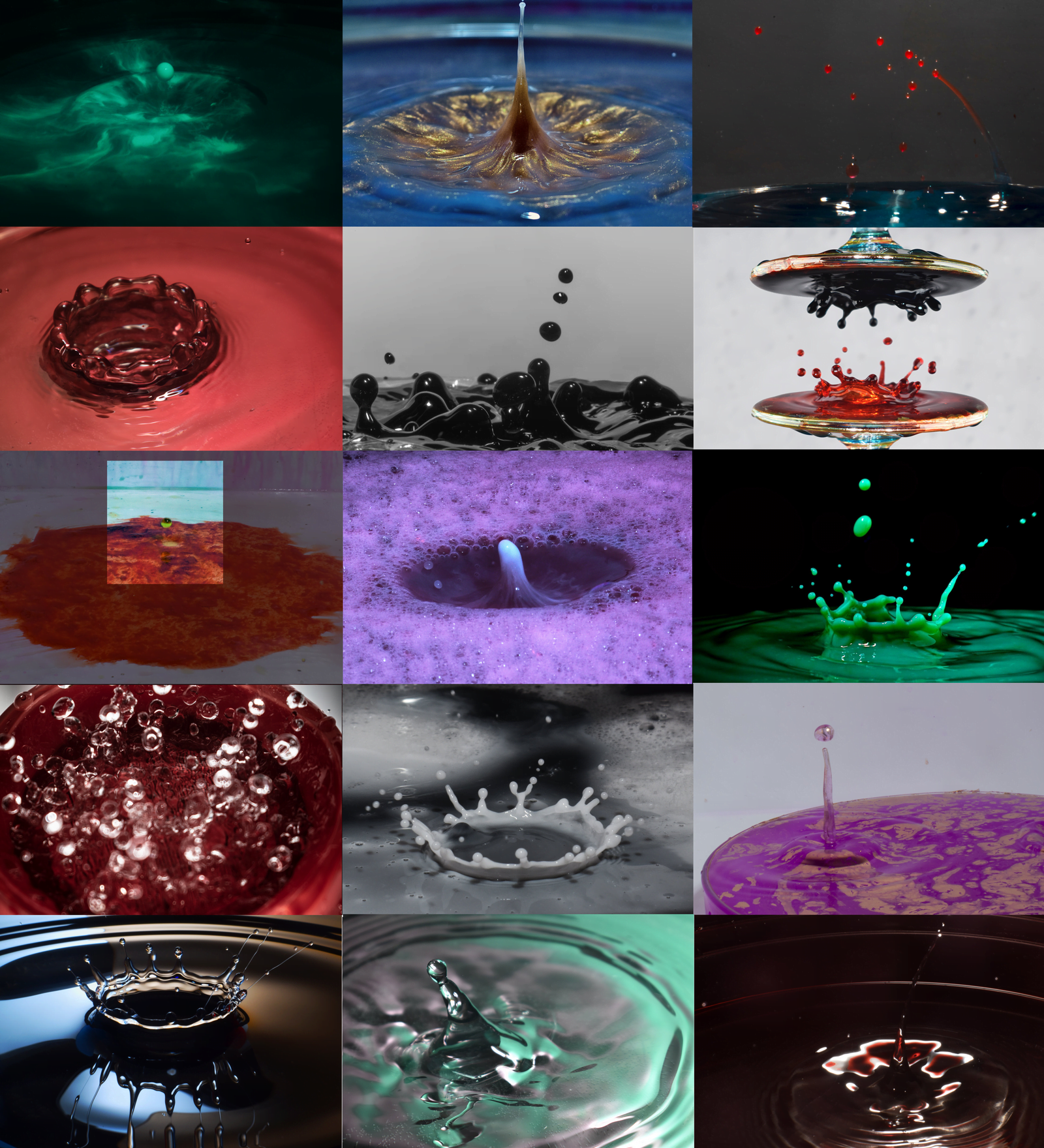 Collage of student images inspired by Edgerton's crown splash. All depict a droplet falling into a pool.
