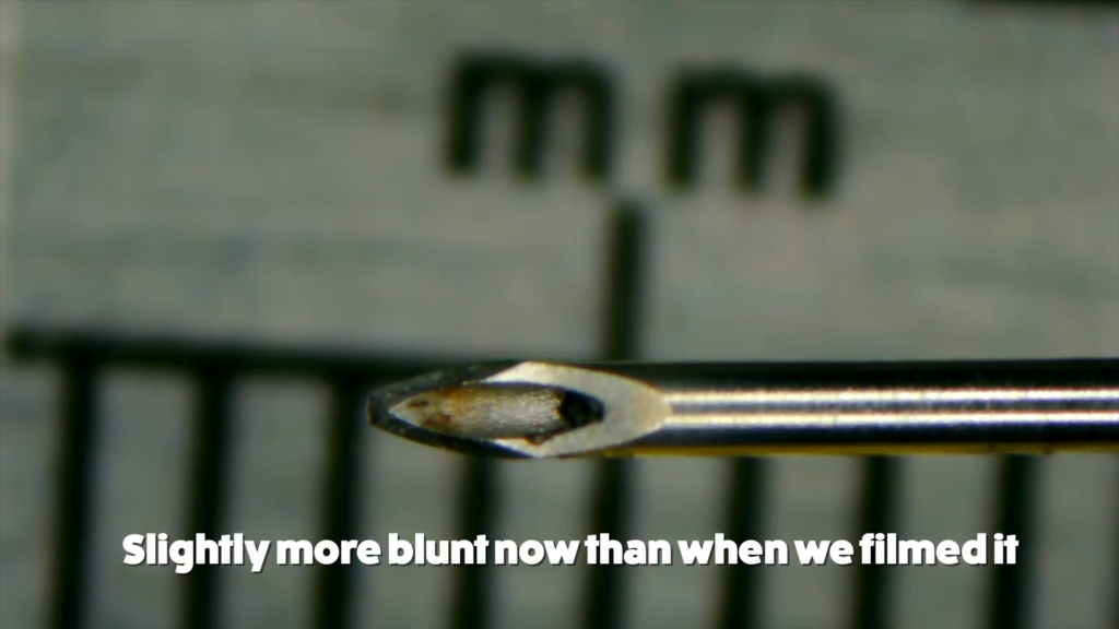 Even though the needle moves relatively slowly at 6 m/s, it's visibly blunted after use. Even though the needle moves relatively slowly at 6 m/s, it's visibly blunted after use.
