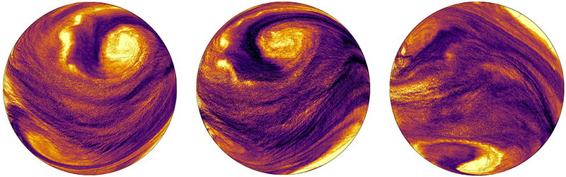 Snapshots from a simulation of a deep-heated hot Jupiter. Each image shows the planet on a different day.
