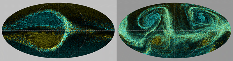 Shallow heating on a hot Jupiter produces a pair of coupled vortices (left), but deeper heating in the atmosphere generates four more-chaotic vortices (right).