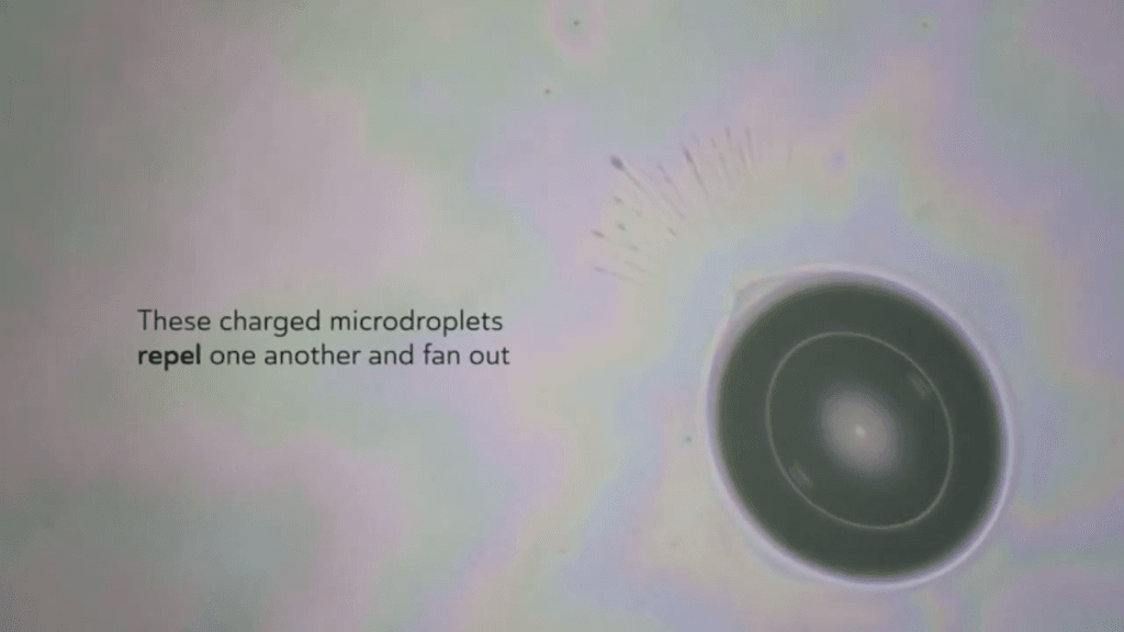 ...until the droplet jets out microdroplets to shed excess charge.