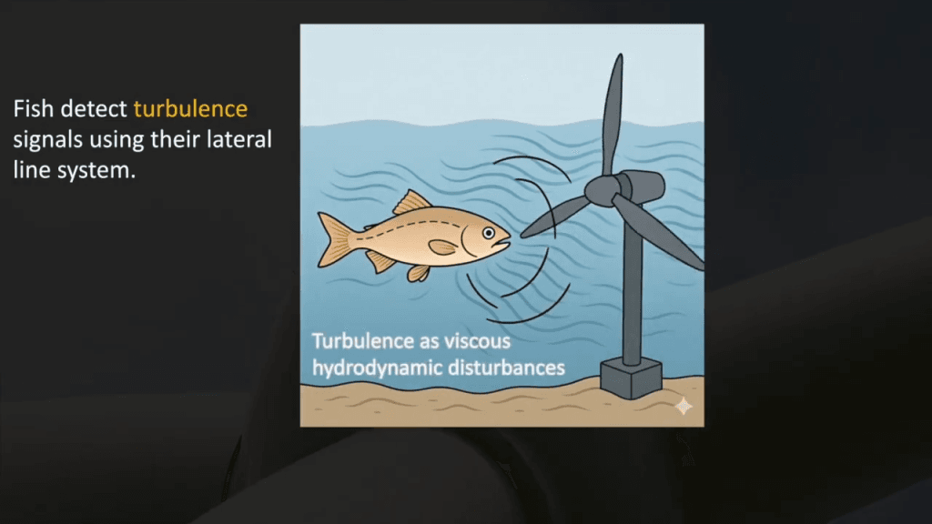 Illustration of a fish encountering an underwater turbine. Text reads, "Fish detect turbulence signals using the lateral line system. Turbulence as viscous hydrodynamic disturbances."