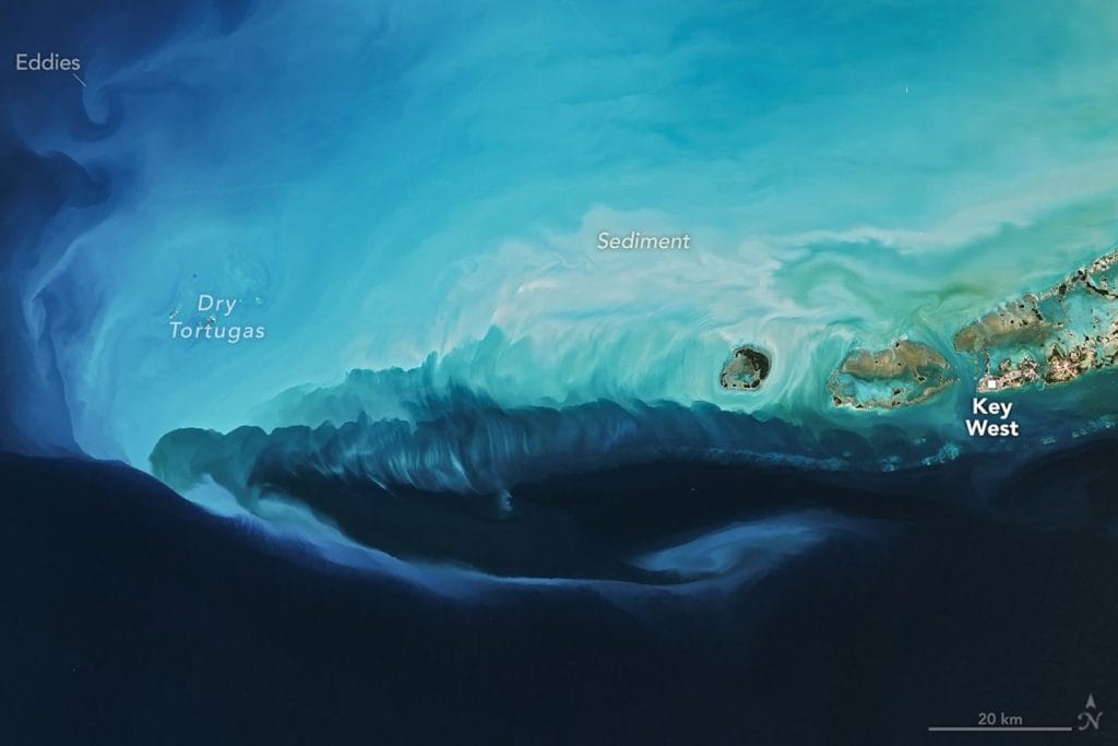 Zoomed in satellite image showing sediment eddies swept into the ocean.