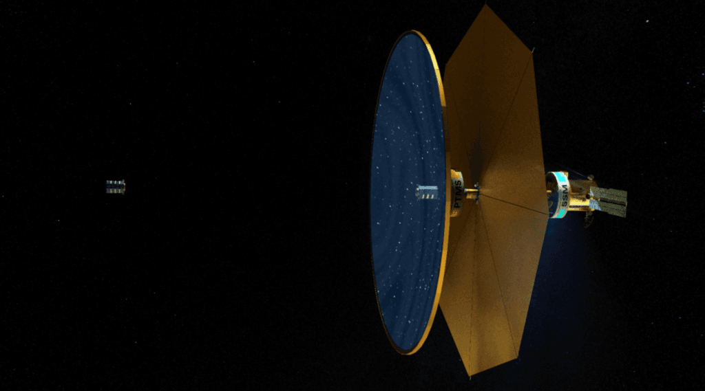 An artist's conception of a fluidic space telescope, made with a liquid reflecting surface tens of meters wide.
