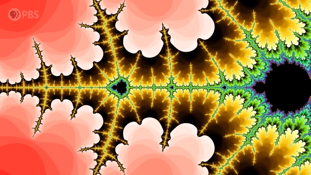 When zooming in on a shape shows us the same shape over and over, we call it a fractal. A brightly colored arm in a Mandelbrot set, demonstrating fractal self-similarity.