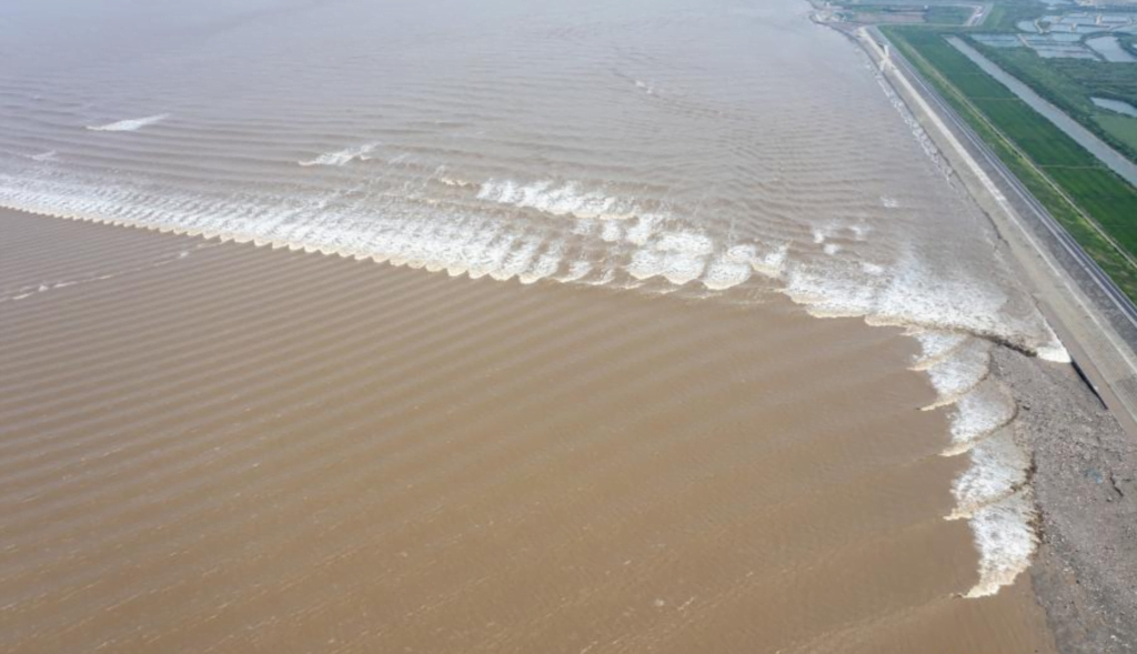 Different wave fields collide near the shore.
