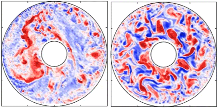 Two different rotating atmospheres, colored by vorticity (red clockwise, blue counterclockwise). The left version has a slower rate of rotation, and thus larger length scales.