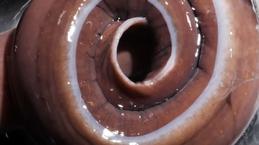 A hagfish curled up in its own slime. A hagfish curled up in its own slime.