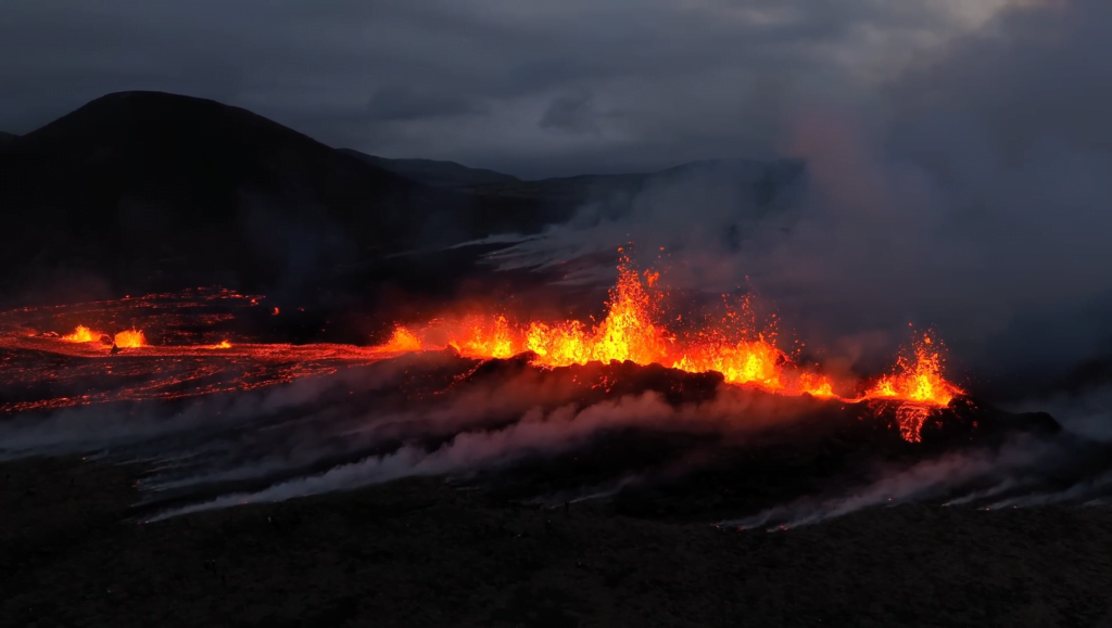 Drone footage of a recently opened fissure in an Icelandic volcano field. Drone footage of a recently opened fissure in an Icelandic volcano field.