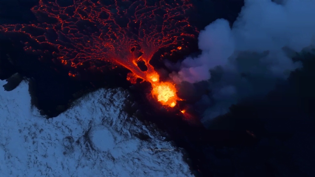 Overhead view of the fissure and the developing lava field.