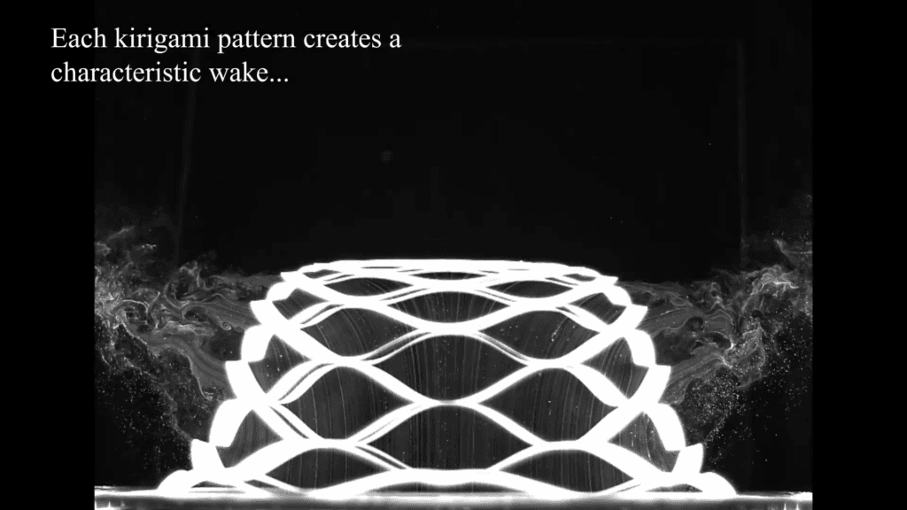 With flow visualization, we can see the complex wakes formed around each "fin" in the sheet. Text reads: "Each kirigami pattern creates a characteristic wake..." With flow visualization, we can see the complex wakes formed around each "fin" in the sheet. Text reads: "Each kirigami pattern creates a characteristic wake..."