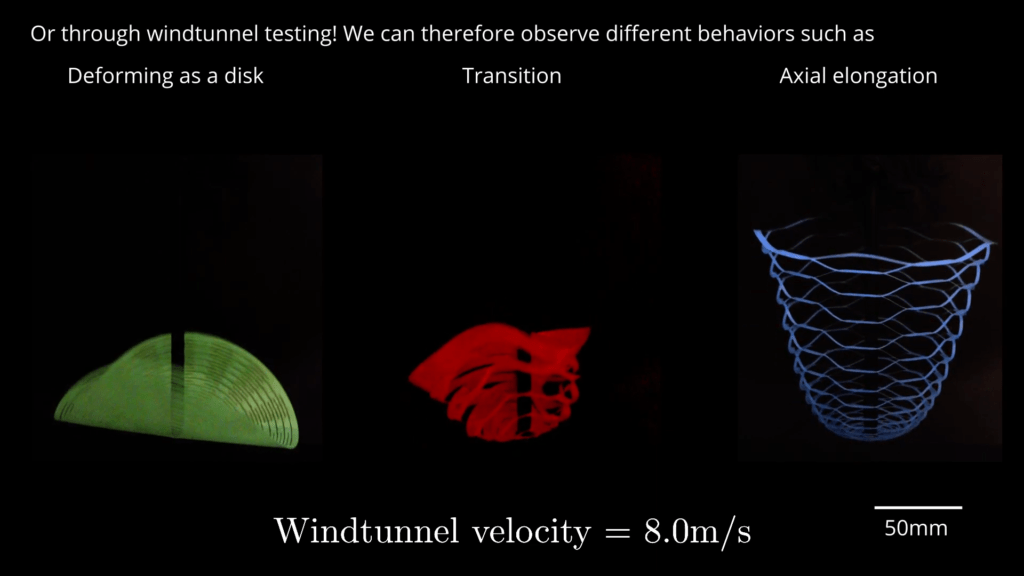 In the wind tunnel, the parachutes change shape with airspeed. In the wind tunnel, the parachutes change shape with airspeed.