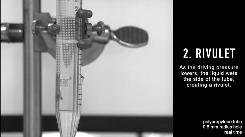 As the water level drops, the driving pressure decreases and the liquid forms a rivulet on the side of the tube. As the water level drops, the driving pressure decreases and the liquid forms a rivulet on the side of the tube.